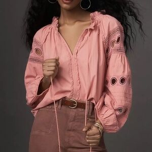 NWT Anthropologie Pink Forever that Girl Pink V-Neck Peasant Top M